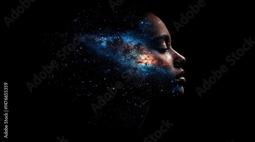 Fototapeta Naklejka Na Ścianę i Meble -  A woman's face is shown in a space background