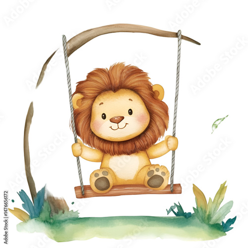 Adorable lion swinging in watercolor style whimsical forest art illustration playful environment close-up kawaii concept