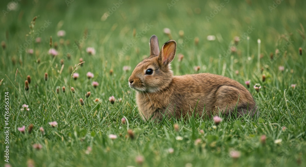 Fototapeta premium Adorable rabbit in a grassy meadow filled with wildflowers