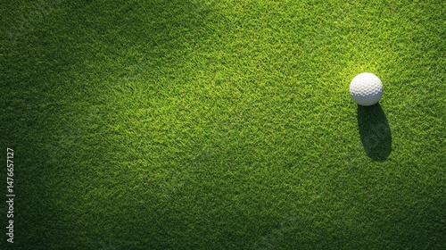Golf ball rests on vibrant green grass overhead shot representing precision and leisure sports activity on the putting green course