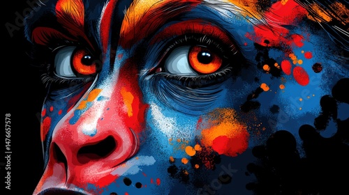 Vibrant artistic close up of face with colorful body paint and striking features