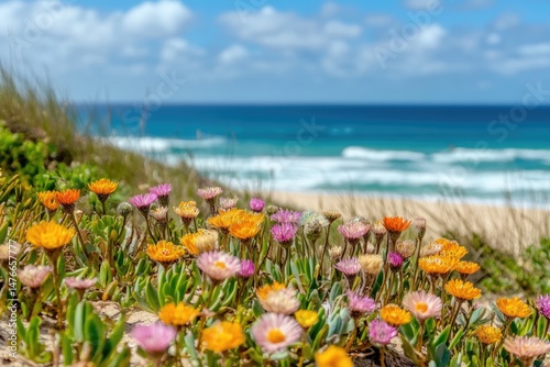 Fototapeta Naklejka Na Ścianę i Meble -  Colorful wildflowers bloom on a sandy beach overlooking the ocean.  A vibrant display of small flowers in shades of orange, pink, yellow, and white.  Ocean waves gently lap the shore