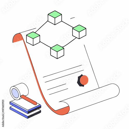 Smart contract blockchain vector illustration with glowing document and digital node, abstract icon isolated on white for fintech and legal technology themes