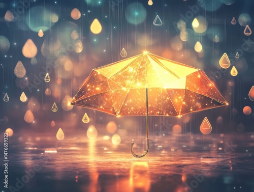 Glowing umbrella in the rain with illuminated raindrops in a dreamy magical setting.