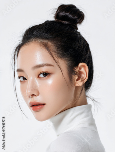 Korean Woman with Mid Bun in White Outfit Beauty Portrait, Minimal Beauty Shoot of Asian Model with Mid Bun in White, 20s Korean Female Beauty Stock Photo, AI Beauty Model in White Clothing