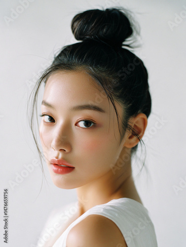 Korean Woman with Mid Bun in White Outfit Beauty Portrait, Minimal Beauty Shoot of Asian Model with Mid Bun in White, 20s Korean Female Beauty Stock Photo, AI Beauty Model in White Clothing, Simple Wh