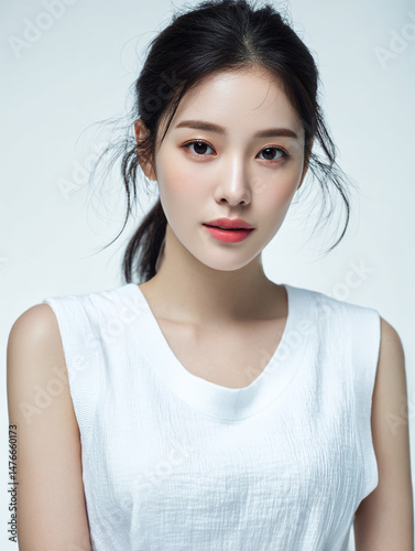 Korean Woman with Tied Hair in White Outfit Beauty Portrait, Minimal Beauty Shoot of Asian Model with Tied Hair in White, 20s Korean Female Beauty Stock Photo, AI Beauty Model in White Clothing, Simpl