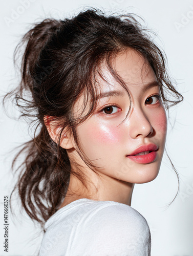Korean Woman with Tied Hair in White Outfit Beauty Portrait, Minimal Beauty Shoot of Asian Model with Tied Hair in White, 20s Korean Female Beauty Stock Photo, AI Beauty Model in White Clothing, Simpl