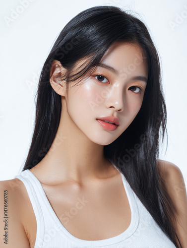 Korean Woman with Long Hair in White Outfit Beauty Portrait, Minimal Beauty Shoot of Asian Model with Long Hair in White, 20s Korean Female Beauty Stock Photo, AI Beauty Model in White Clothing, Simpl