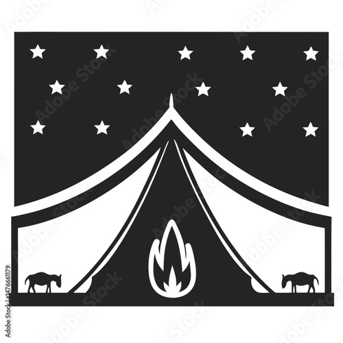 Camping adventure: minimalist black and white night scene with stars and tent