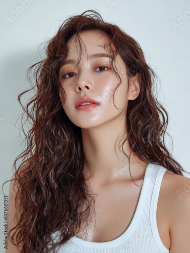 Korean Woman with Wavy Hair in White Outfit Beauty Portrait, Minimal Beauty Shoot of Asian Model with Wavy Hair in White, 20s Korean Female Beauty Stock Photo, AI Beauty Model in White Clothing
