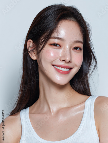 Korean Woman with Long Hair in White Outfit Beauty Portrait, Minimal Beauty Shoot of Asian Model with Long Hair in White, 20s Korean Female Beauty Stock Photo, AI Beauty Model in White Clothing, Simpl