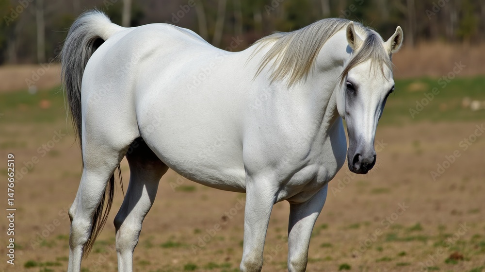 Fototapeta premium A white Arabian horse standing in a field