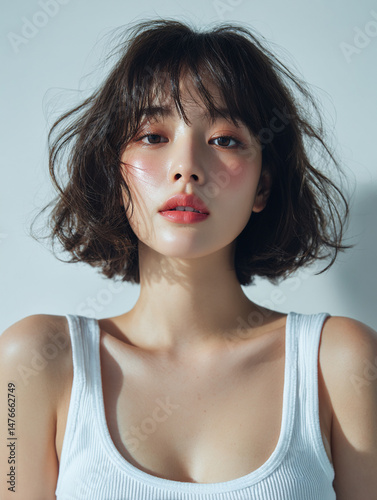 Korean Woman with Bob Haircut in White Outfit Beauty Portrait, Minimal Beauty Shoot of Asian Model with Bob Haircut in White, 20s Korean Female Beauty Stock Photo, AI Beauty Model in White Clothing, S