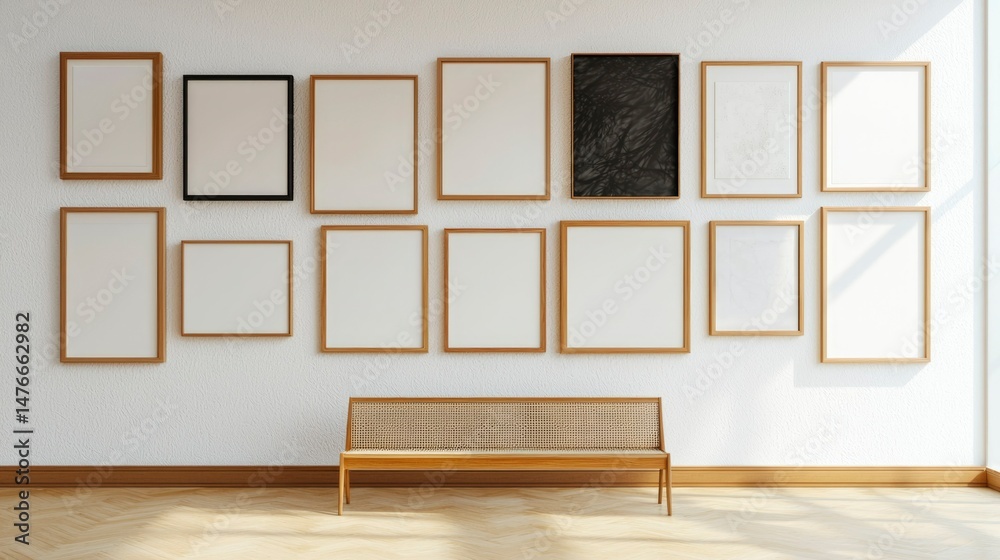 Fototapeta premium Gallery wall with wooden frames and a bench