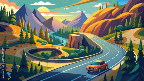 A route that winds through mountains. Two automobiles are trying to pass each other on a narrow lane. You are surrounded by a verdant forest.