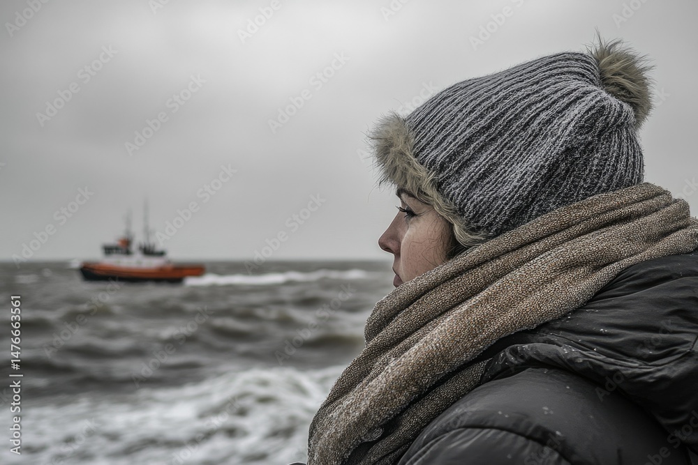 Fototapeta premium A woman bundled in winter wear gazes pensively at a tugboat on a stormy sea.