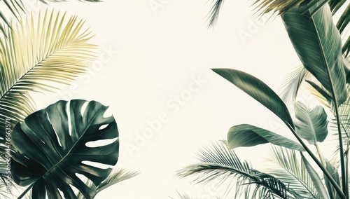 Tropical foliage framing a bright white background. Lush green and golden leaves of various plants, including monstera, palm, and banana leaves, create a vibrant, botanical backdrop