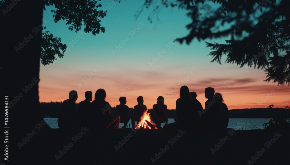 Fototapeta premium Silhouette group campfire lake sunset