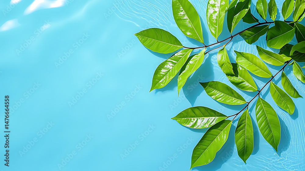 Obraz premium Green leaves branch floating on clear blue water surface with sunlight reflection creating fresh and peaceful summer vibe