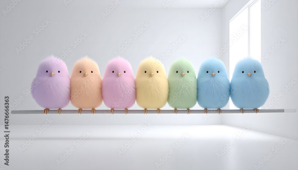 Fluffy Cartoon Birds with Colorful Feathers on a Branch Fluffy Cartoon Birds with Colorful Feathers on a Branch