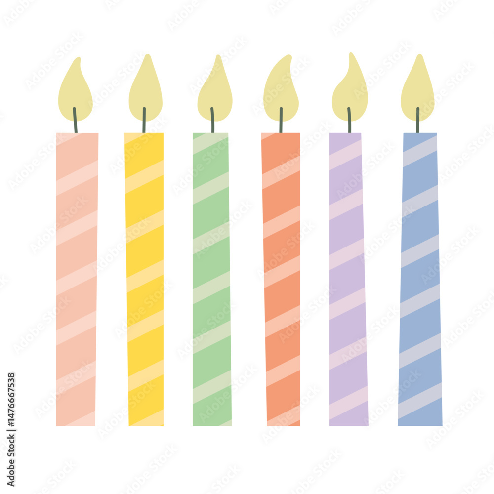 Fototapeta premium Birthday greeting card. Glowing festive candles. Gift shop poster. Anniversary celebration. Cute greeting card with festive vintage candles and Happy Birthday