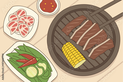 115 food, korean bbq, grilled meat, vegetables, corn, peppers, kimchi, onions, wooden table, plate, dish, food styling, appetizing, mouthwatering, high quality, detailed, cinematic lighting, 8k