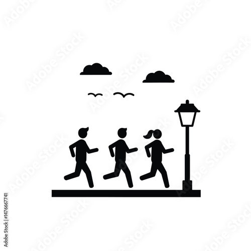 Silhouette illustration of three runners exercising outdoors in the park near a street lamp