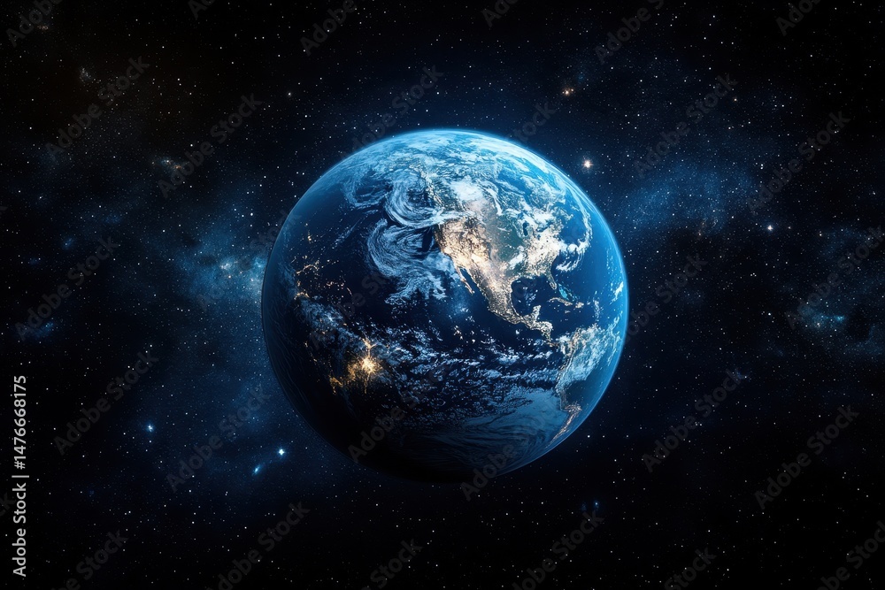 Obraz premium Captivating view of Earth from space highlighting landmasses and city lights at night