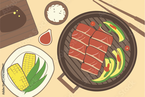 115 food, korean bbq, grilled meat, vegetables, corn, peppers, kimchi, onions, wooden table, plate, dish, food styling, appetizing, mouthwatering, high quality, detailed, cinematic lighting, 8k