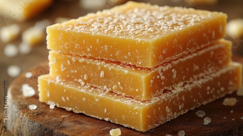 Stacked sweet confection on wooden surface with texture and detail