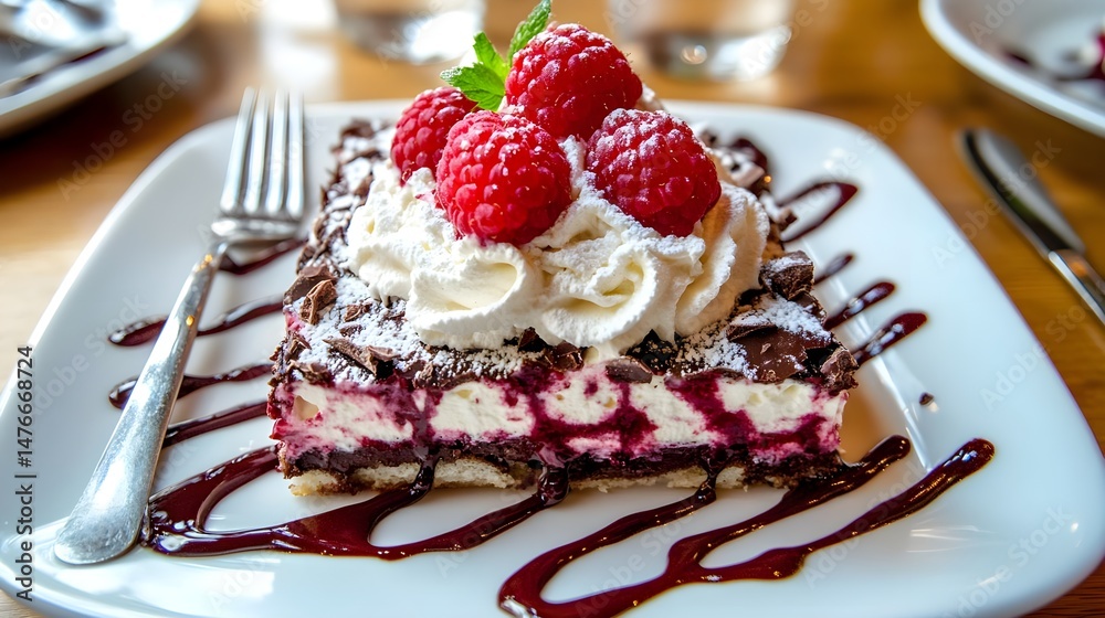 Decadent Chocolate Dessert Topped with Whipped Cream and Raspberries Decadent Chocolate Dessert Topped with Whipped Cream and Raspberries