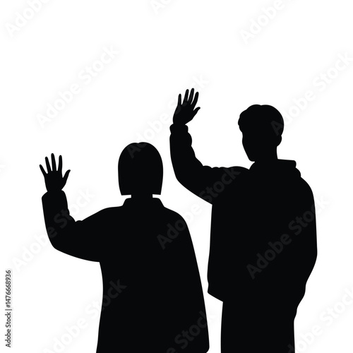 Silhouette of a man and woman waving goodbye or greeting in a flat minimalist style