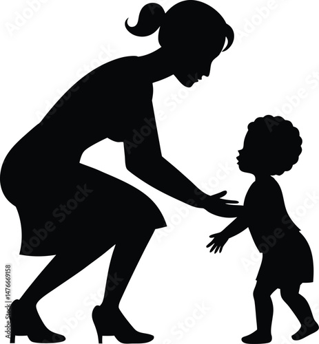 young mother she want to learn her child how to walk first step vector silhouette 