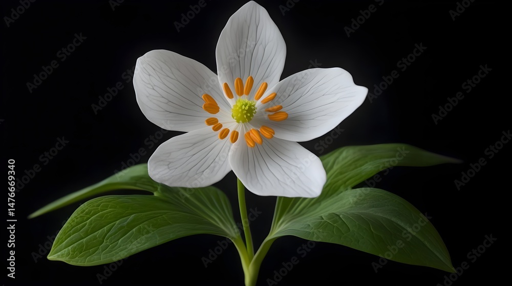 Obraz premium Delicate White Flower with Orange Stamens and Green Leaves Display