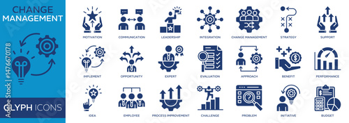 Collection of Change Management icons, related to motivation, leadership, implement and more. Glyph icons vector illustation.