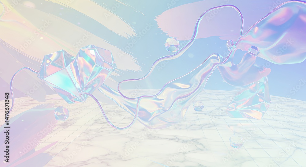 Obraz premium Ethereal pastel abstract with large iridescent geometric shapes, smaller crystals, and flowing lines on a marble surface. Dreamy, modern, and delicate design.