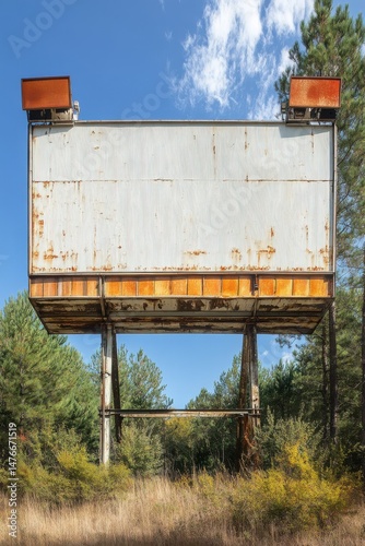 Abandoned Drive-In Movie Theater Screen in Rural Setting on Sunny Day Perspective of Forgotten Americana Nostalgia