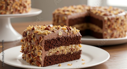 Wallpaper Mural Delicious chocolate cake slice with creamy filling topped with crunchy nuts on wooden table, perfect for dessert lovers and celebration occasions Torontodigital.ca