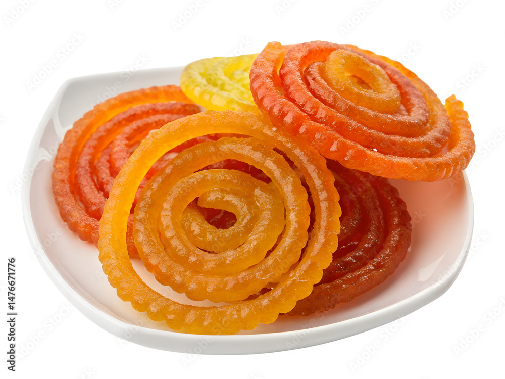 Fototapeta premium Pile of Jalebi Indian Dessert on Plate Isolated on transparent background cutout, PNG file, Cutout file