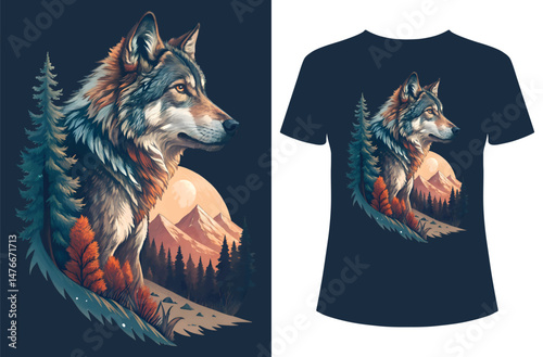 Majestic Wolf Portrait in Mountain Wilderness of T-Shirt printing Design.