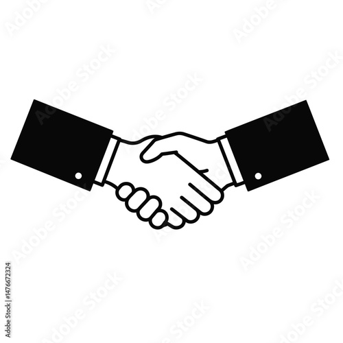 Simple black and white illustration of a business handshake signifying agreement partnership deal