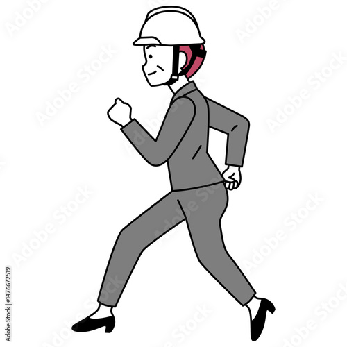 走るスーツにヘルメットの中年女性（横向き）
