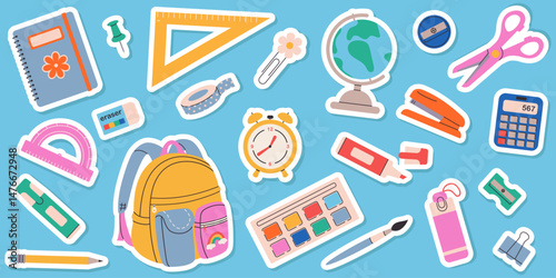 Set of school stationery and education stickers. Back to school concept. Hand drawn school supplies. Design for flyers, advertisements, paper, textiles, fabric, scrapbooking, cards, paper crafts.