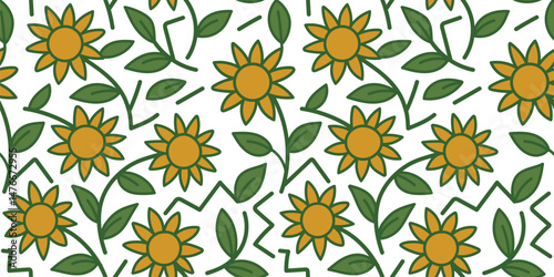 A seamless sunflower pattern featuring abstract lines, perfect for fashion design, fabric, wallpaper and prints.