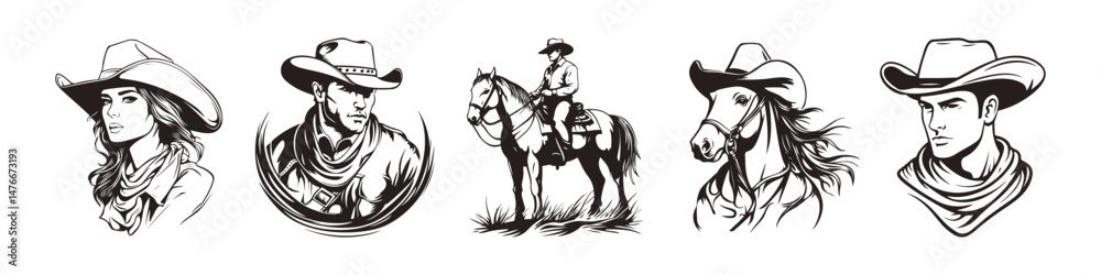 Fototapeta premium Western Cowboy and Cowgirl Portraits Vector Illustration. Black and white vector illustration featuring portraits of cowboys and cowgirl in traditional hats and scarves, alongside a horse and rider.