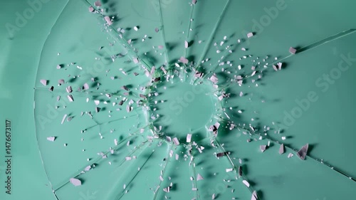 Smashing Glass with Cracks and Sharp Shards on a Green Background