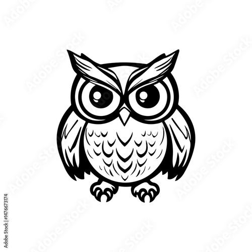 Vector Illustration of a Wise Cartoon Owl Looking Confident. Vector illustration of a cartoon owl with large eyes and intricate feathers, embodying wisdom and confidence. Monochrome design