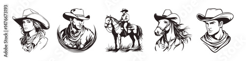 Western Cowboy and Cowgirl Portraits Vector Illustration. Black and white vector illustration featuring portraits of cowboys and cowgirl in traditional hats and scarves, alongside a horse and rider.