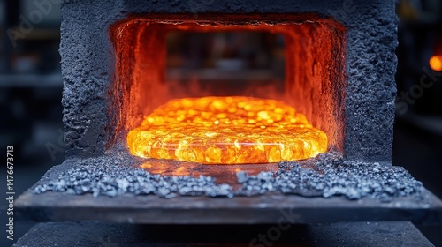Glowing molten metal through forge opening with fiery embers and textured surface